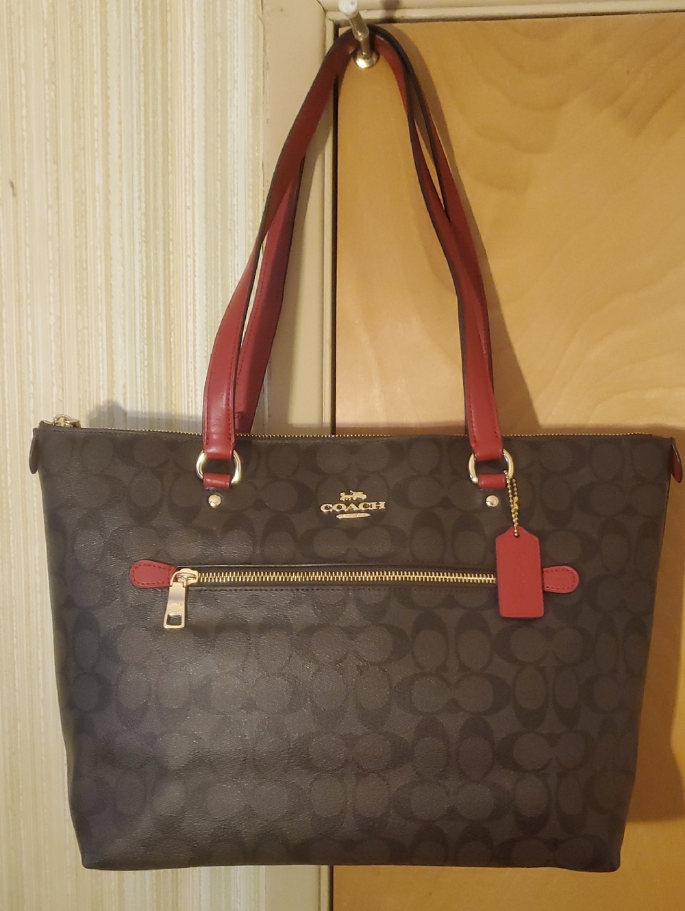 Coach Brown Signature Tote with Red Trim New